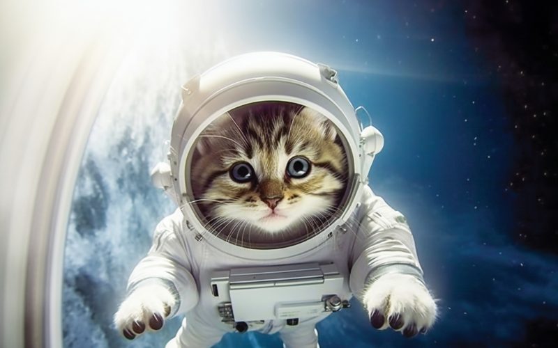 Katze im Astronautenanazug schwebt im ALL